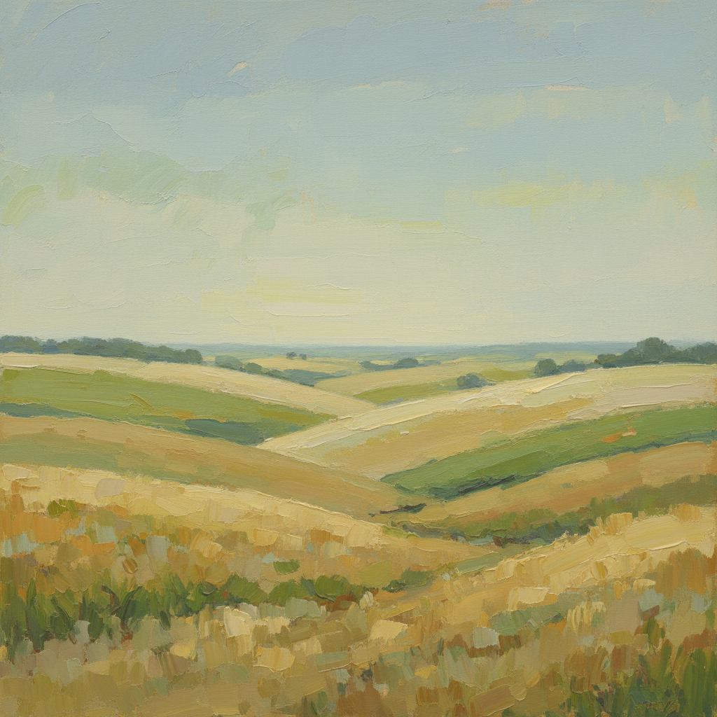 Large scale oil painting with soft green and ochre fields, gestural horizontal brushwork, peaceful and expansive