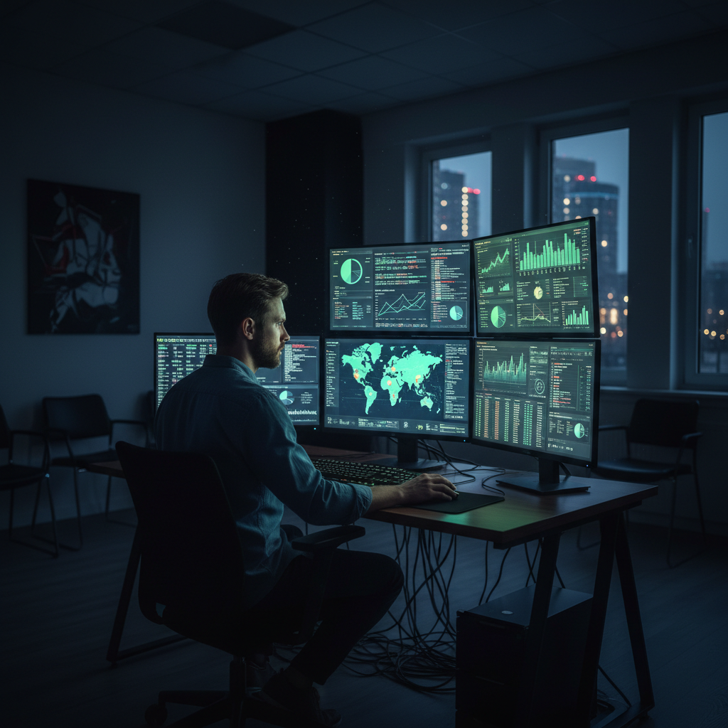Dark modern office workspace with multiple monitors showing website analytics and code, dim atmospheric lighting, deep shadows, professional digital environment