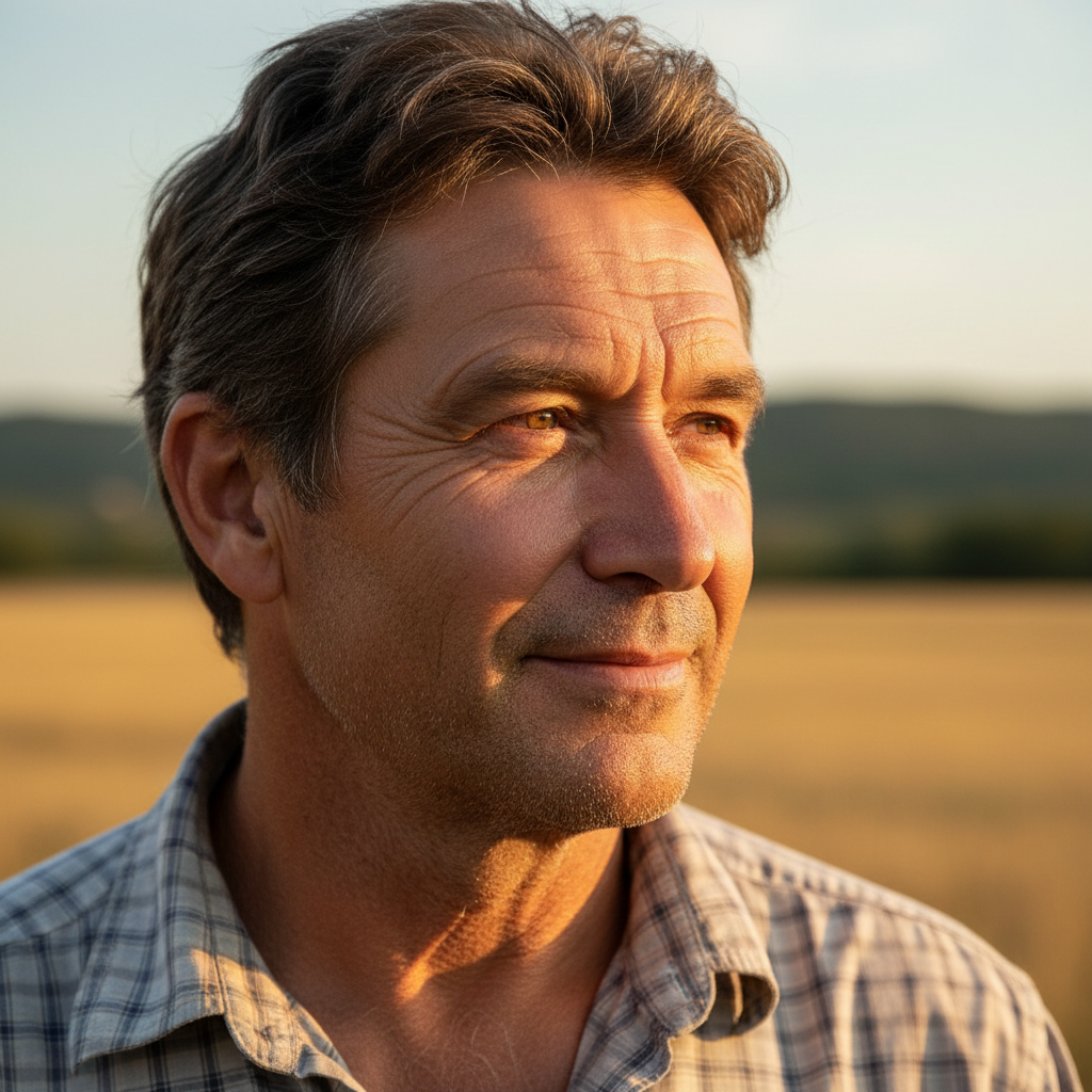 Portrait of Dale Whitfield, a middle-aged farmer with a weathered face and kind eyes