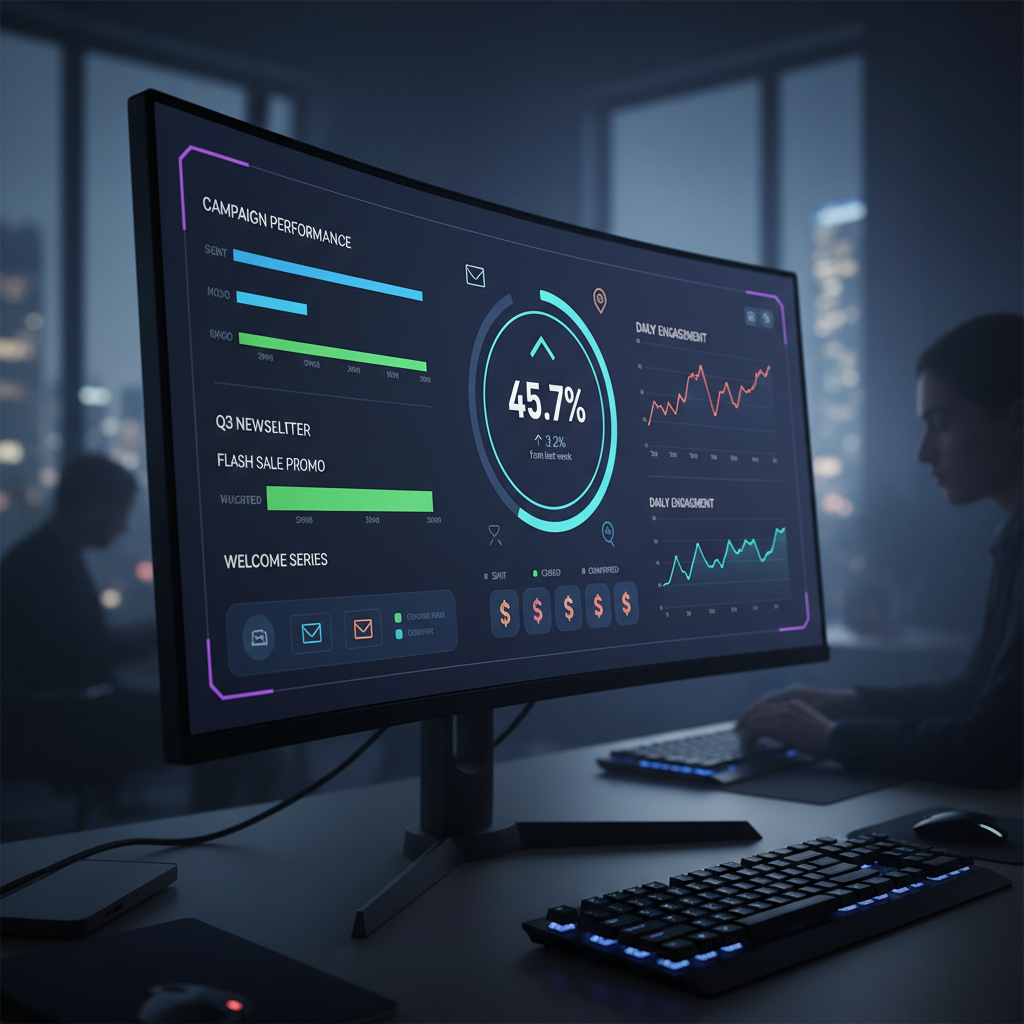 Dark cold email composer with violet subject line performance indicators