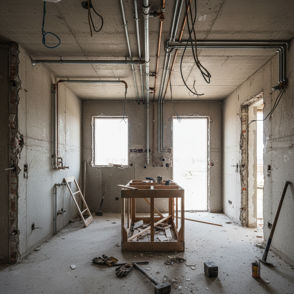 Gutted kitchen mid-demolition showing raw concrete and exposed pipes