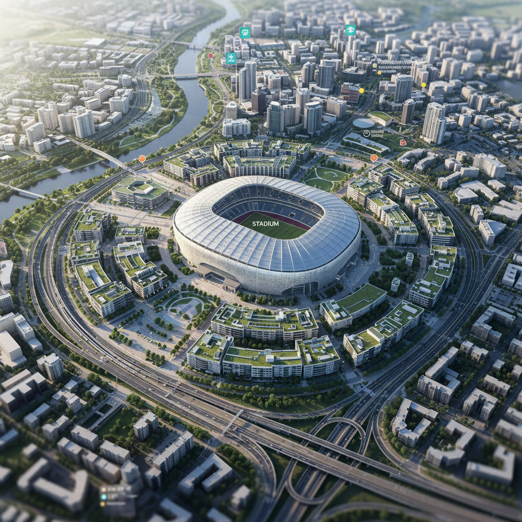 Aerial master plan view showing stadium site and surrounding urban context at 3000 feet