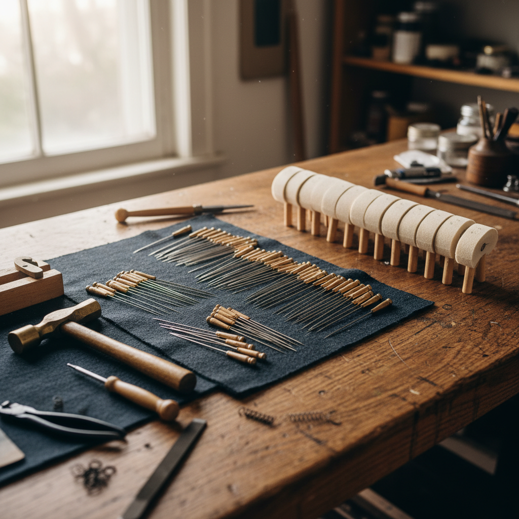 Voicing needles arranged on a workbench beside piano hammers, craftsman tools in soft light