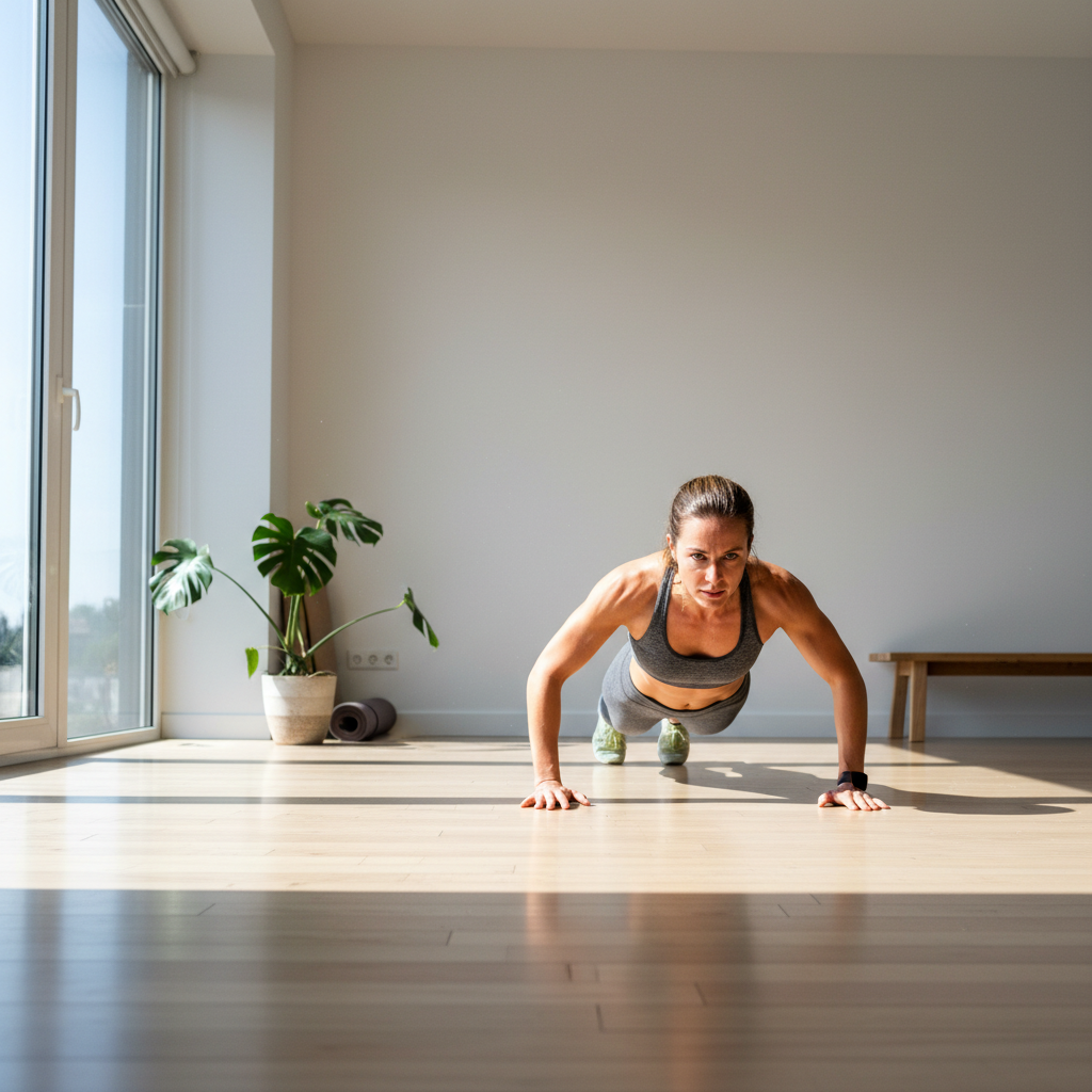 Adult completing a simple home workout in a calm, realistic living room environment