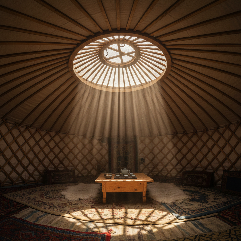Morning light streaming through a yurt crown ring onto canvas walls