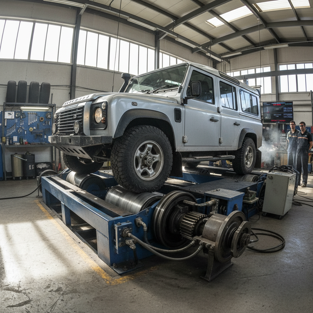 Land Rover on dyno rollers at full load