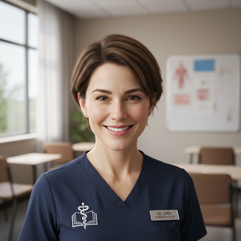 Diane Kowalski, school nurse in professional attire with kind expression