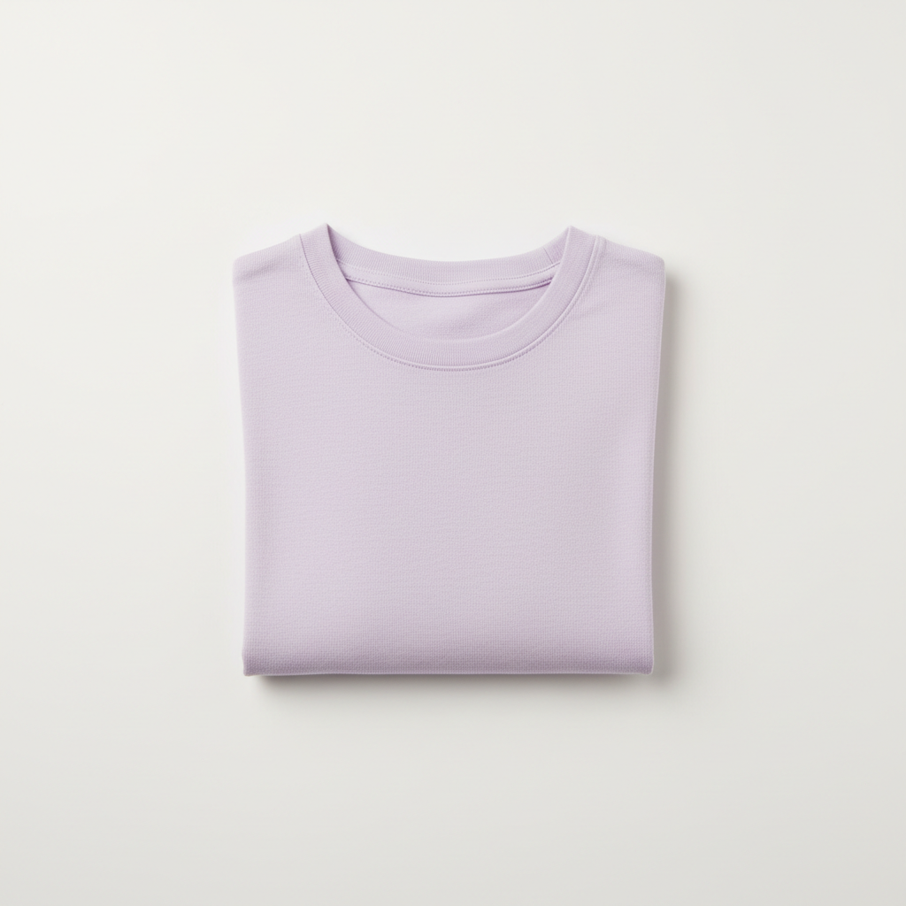 Oversized purple t-shirt folded neatly, soft lavender background, clean product shot