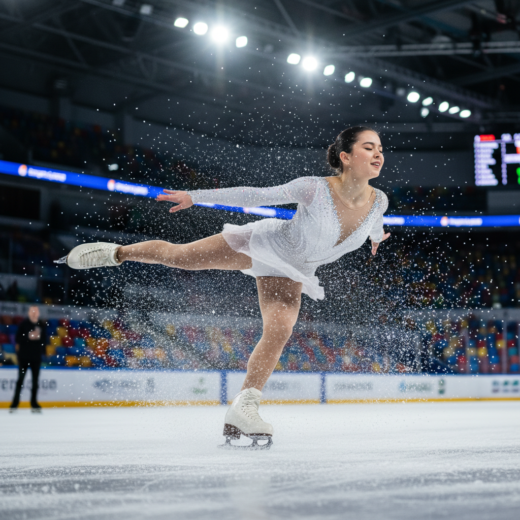 Figure skater mid-camel spin with ice spray frozen in arena light, shot from ice level