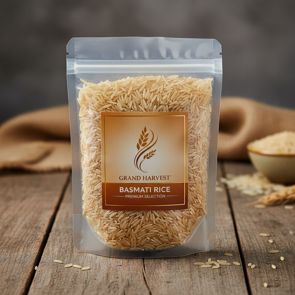 Premium white basmati rice grains spilling from craft paper bag on dark wooden surface