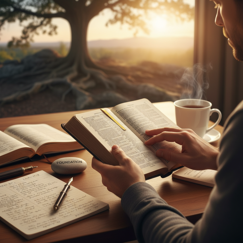Person reading a book at a wooden desk, afternoon light, calm focused atmosphere, notes and coffee nearby