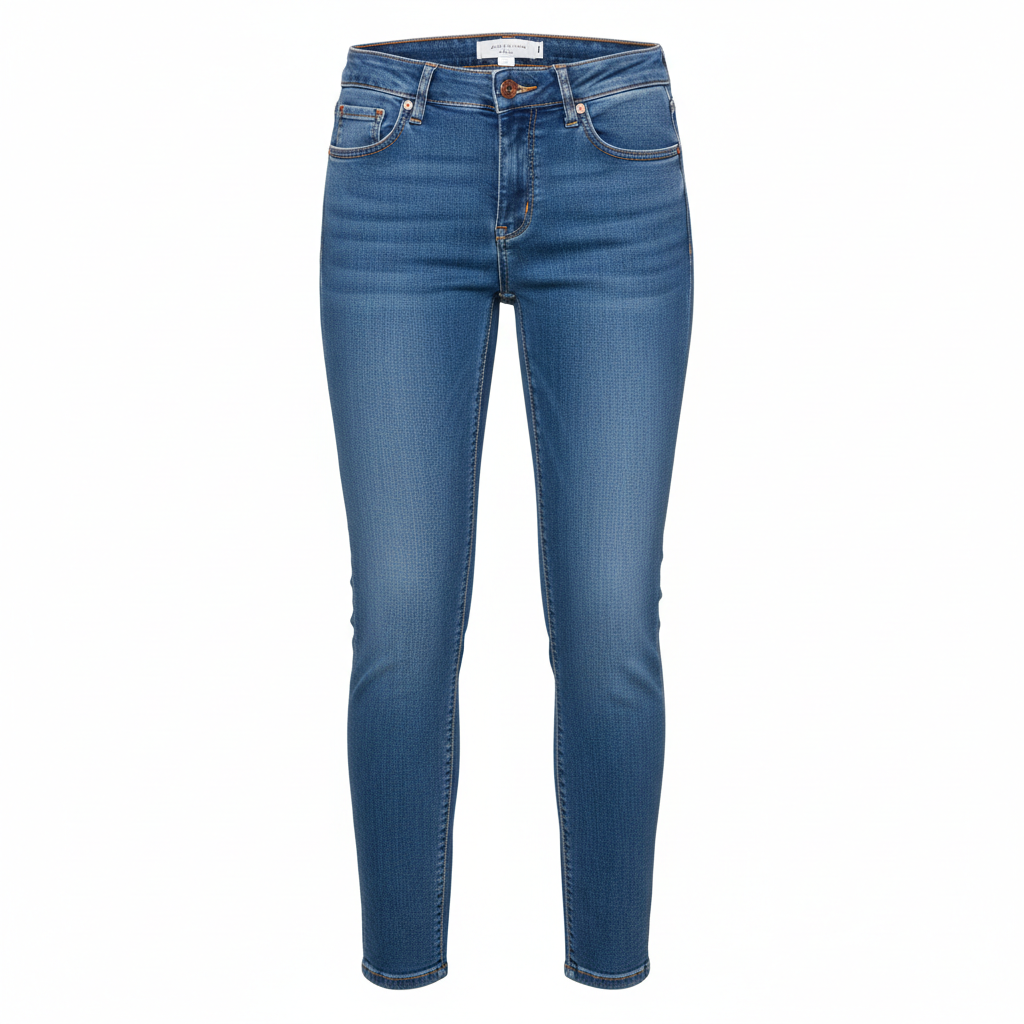 Calça jeans slim azul sobre fundo branco clean