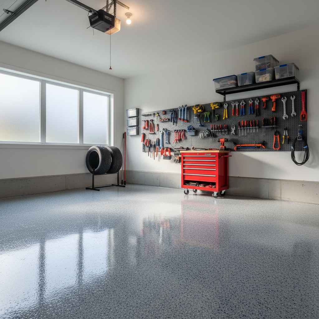Clean garage with grey flake epoxy floor coating, parked car on shiny surface, well-lit organised space
