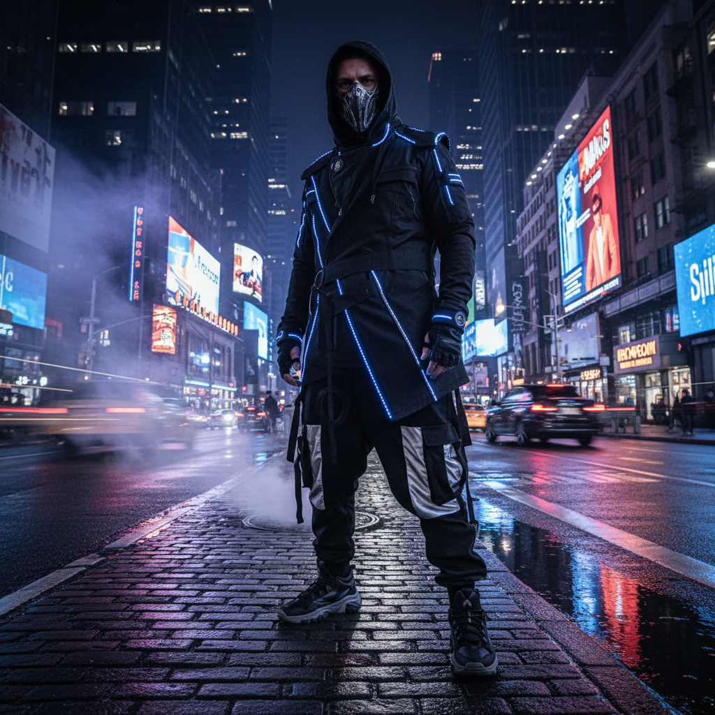 Urban street fashion shot, model in dark premium streetwear, night city environment with dramatic lighting
