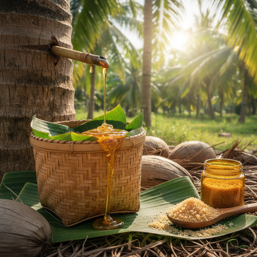 Coconut sugar granules in bowl