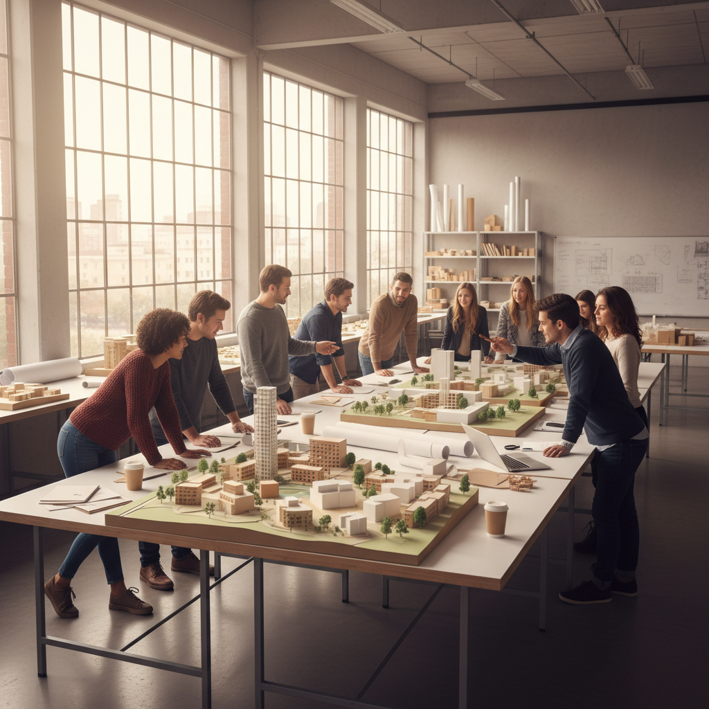 Architecture students reviewing scale models in a light-filled design studio