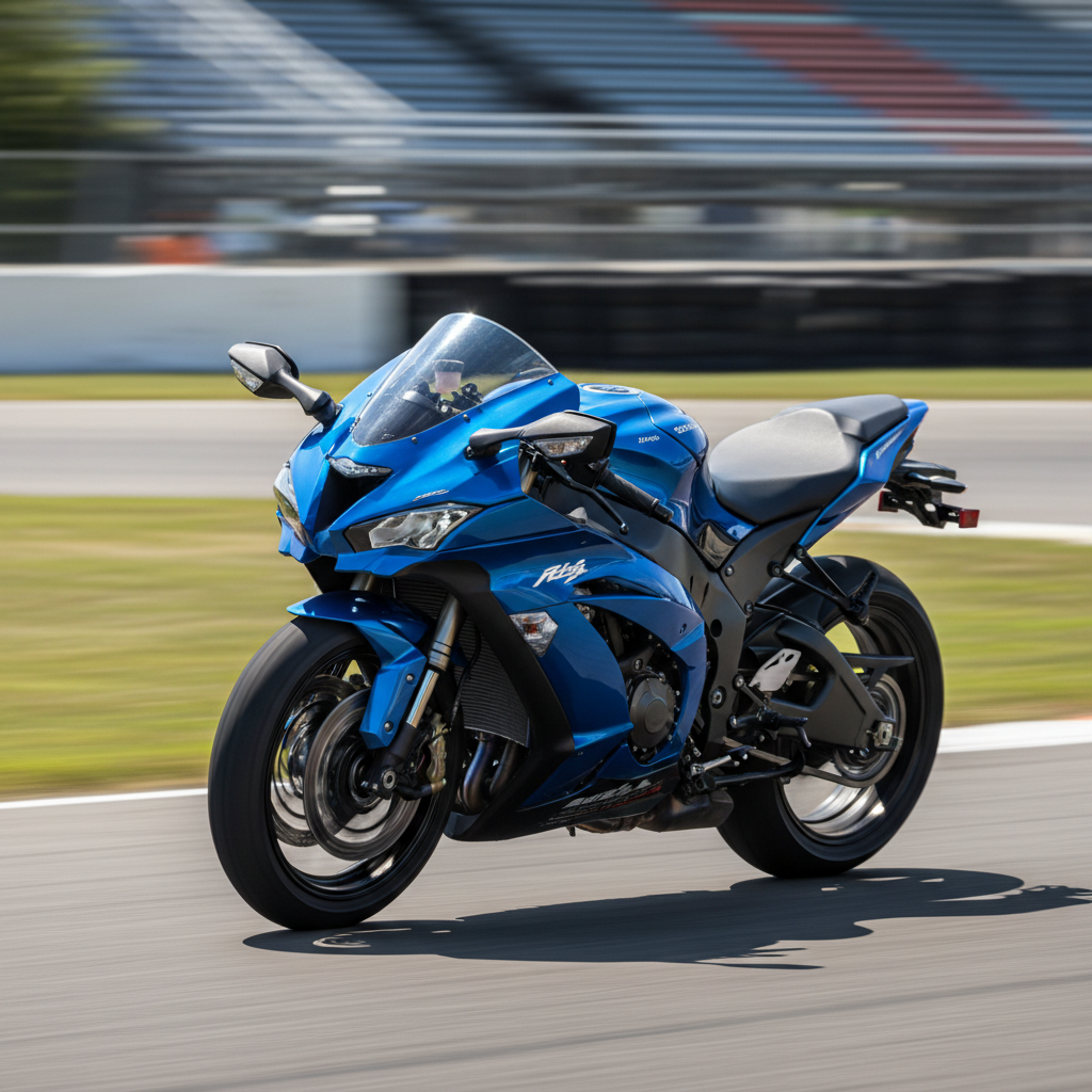 Honda sport motorcycle on race track, aggressive aerodynamic fairing, dramatic low angle shot