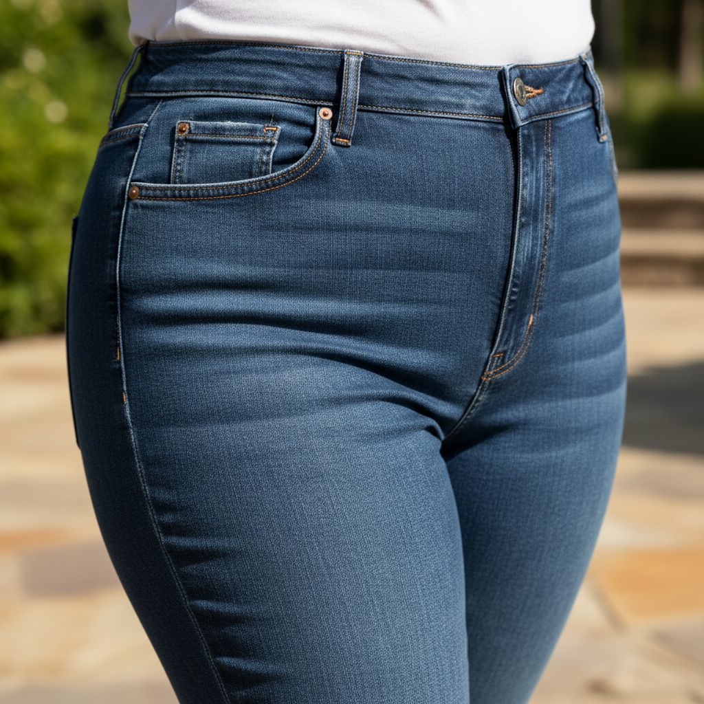 Close-up of well-fitted high-rise denim on plus-size figure, natural daylight