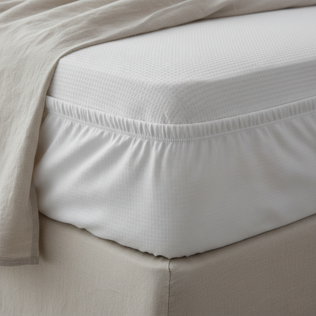 Close-up of Havera mattress protector fitted on mattress corner showing deep pocket stretch detail