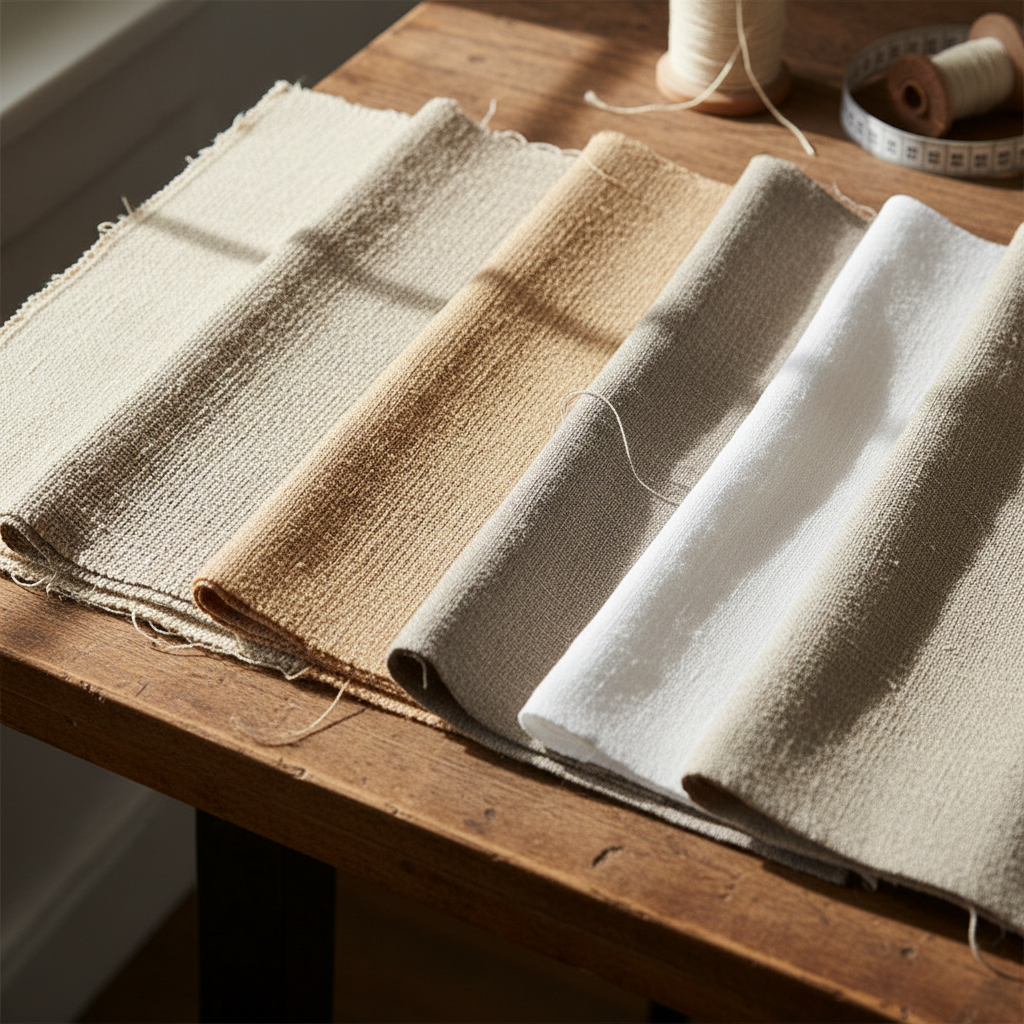 Fabric swatch comparison, linen textures side by side, natural light