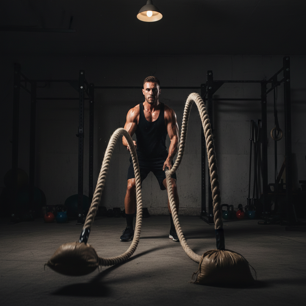 Athlete doing weighted rope workout in garage gym, intense focus, dim overhead light