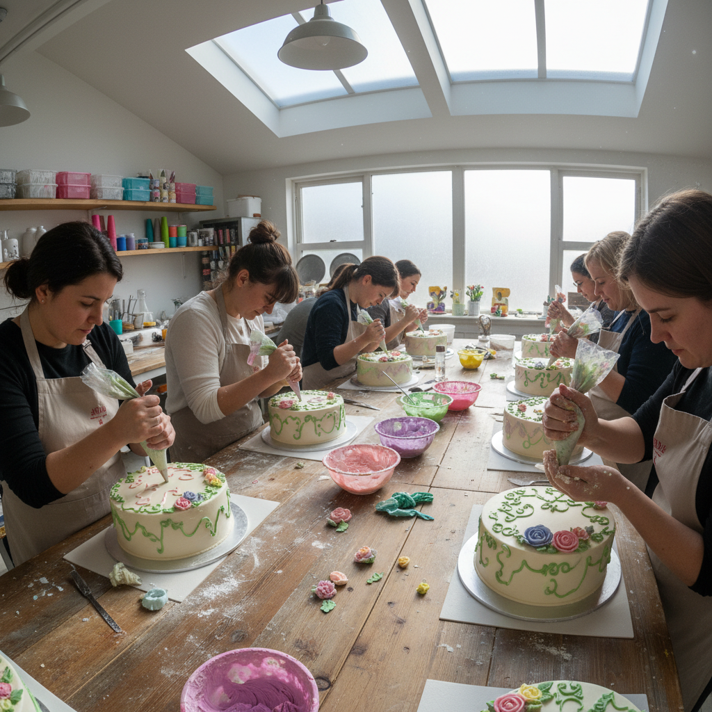Women in cooking and baking workshop in bright modern kitchen, cheerful atmosphere, natural light, white walls