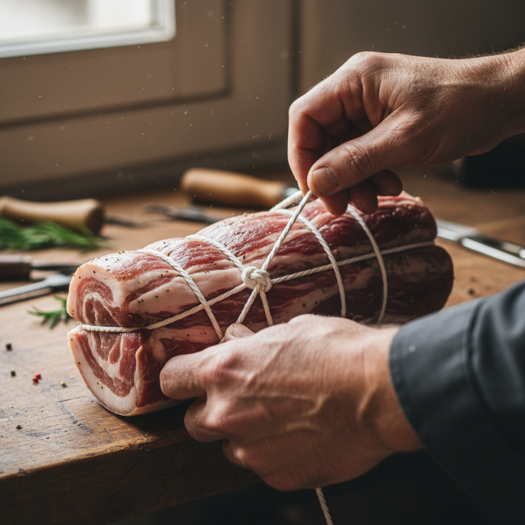 Hands tying butcher twine around a coppa