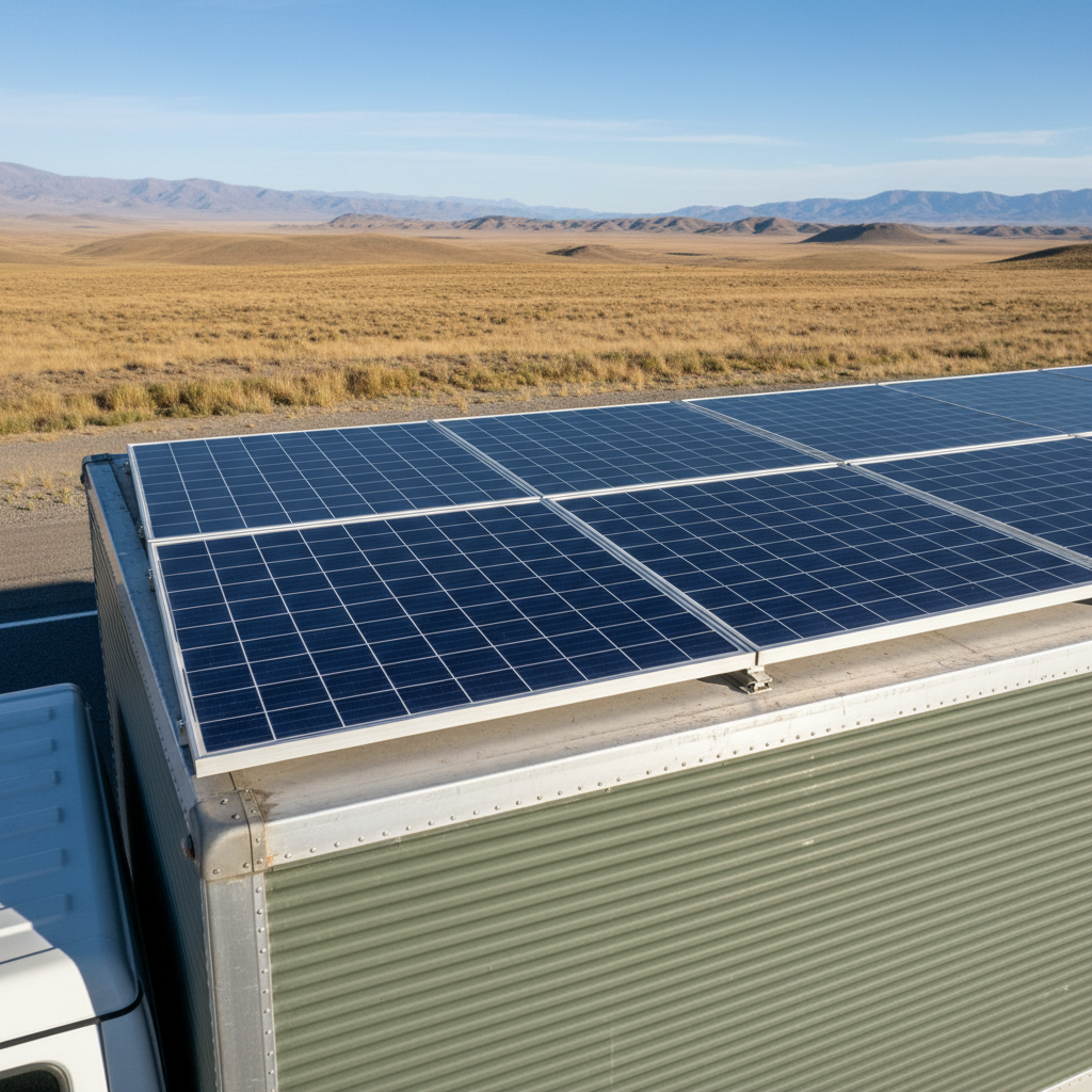 Solar panels installed in a large African desert field