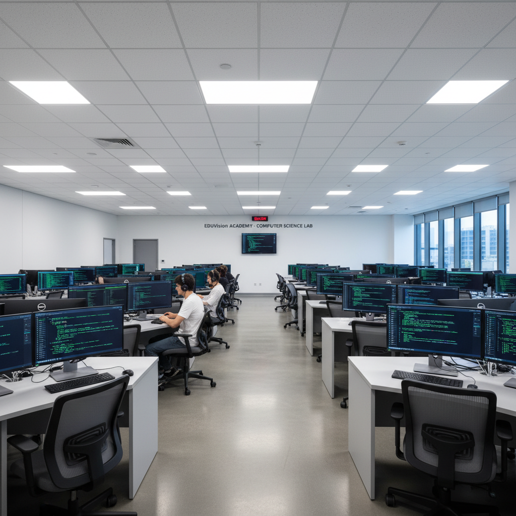Students working on laptops in bright modern computer lab with clean desks and monitors