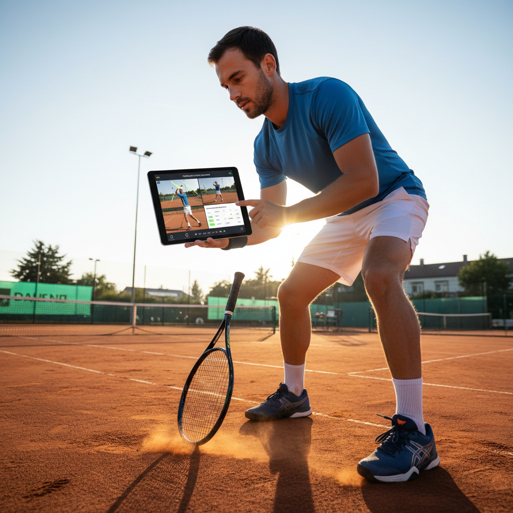 Tennis coach reviewing slow motion video footage on tablet courtside
