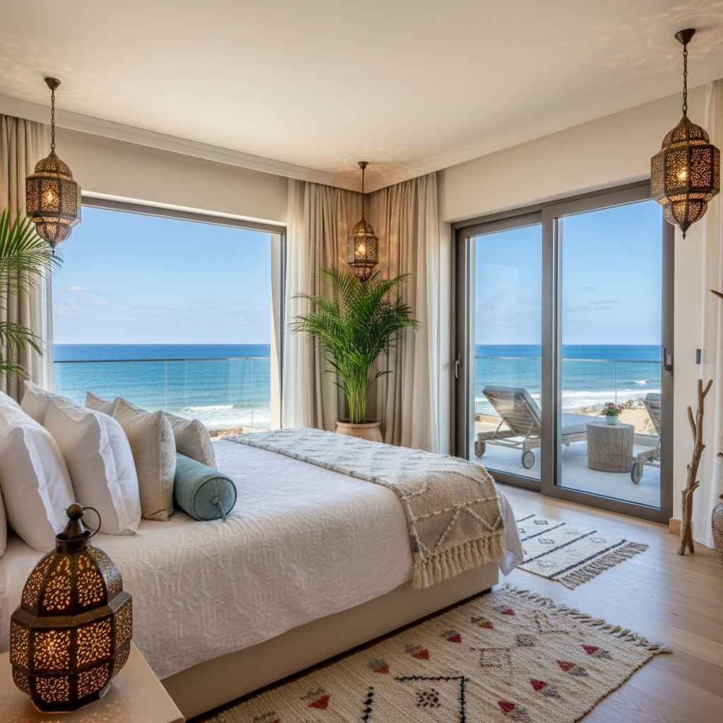 Cozy surf-themed studio suite with ocean view, rattan furniture, white linen, tropical plants