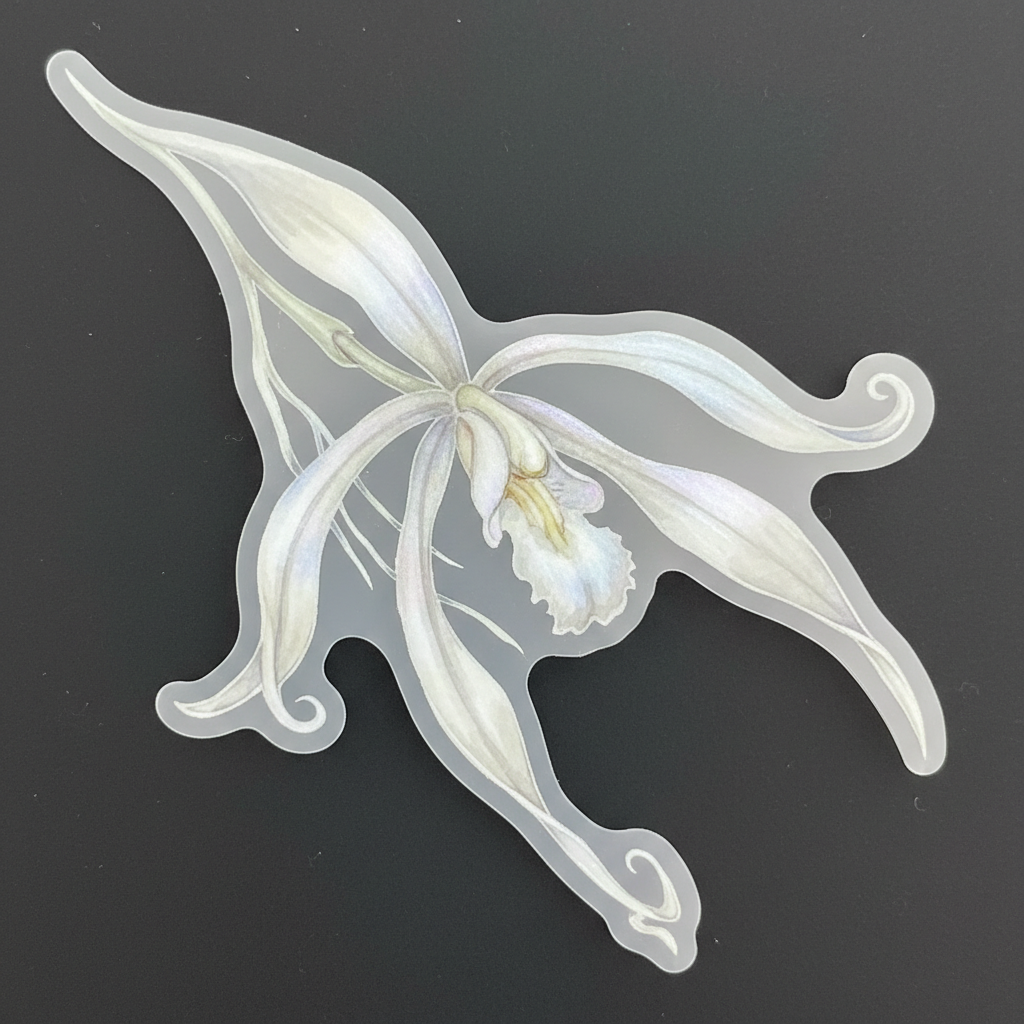 Ghost orchid holographic botanical sticker by artist Mia Tanaka with iridescent shimmer