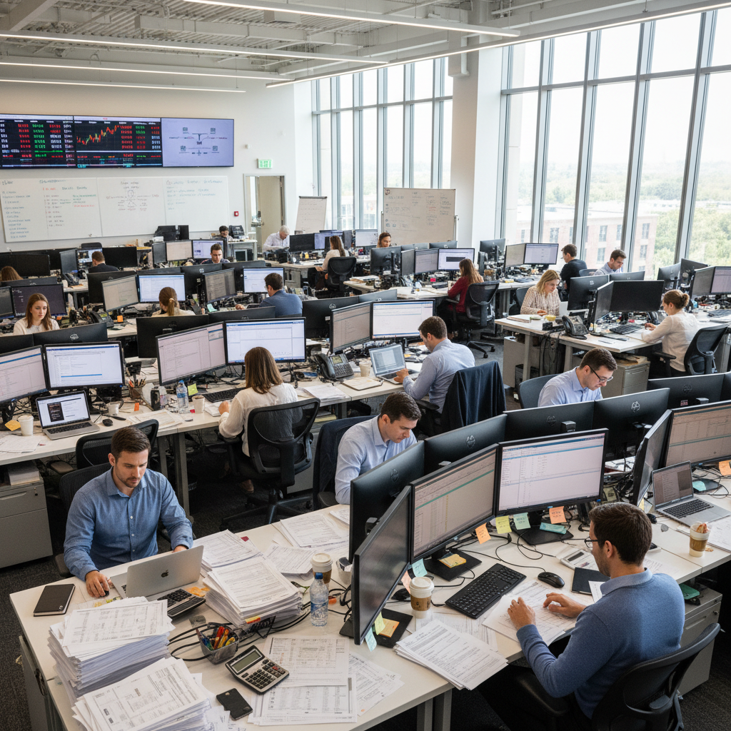 Accountants and financial analysts working at desks during tax season