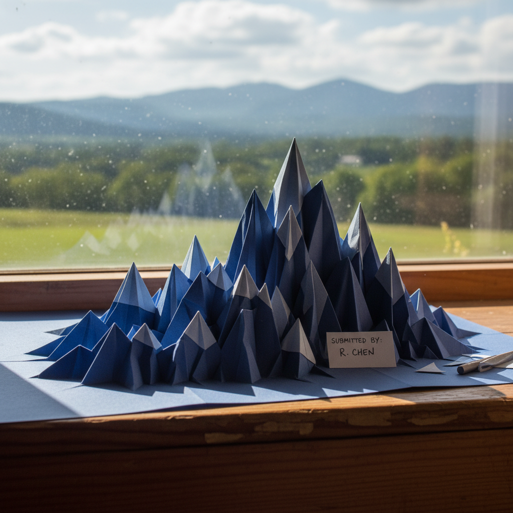 Reader-submitted origami mountain range folded from single sheet of blue paper on windowsill