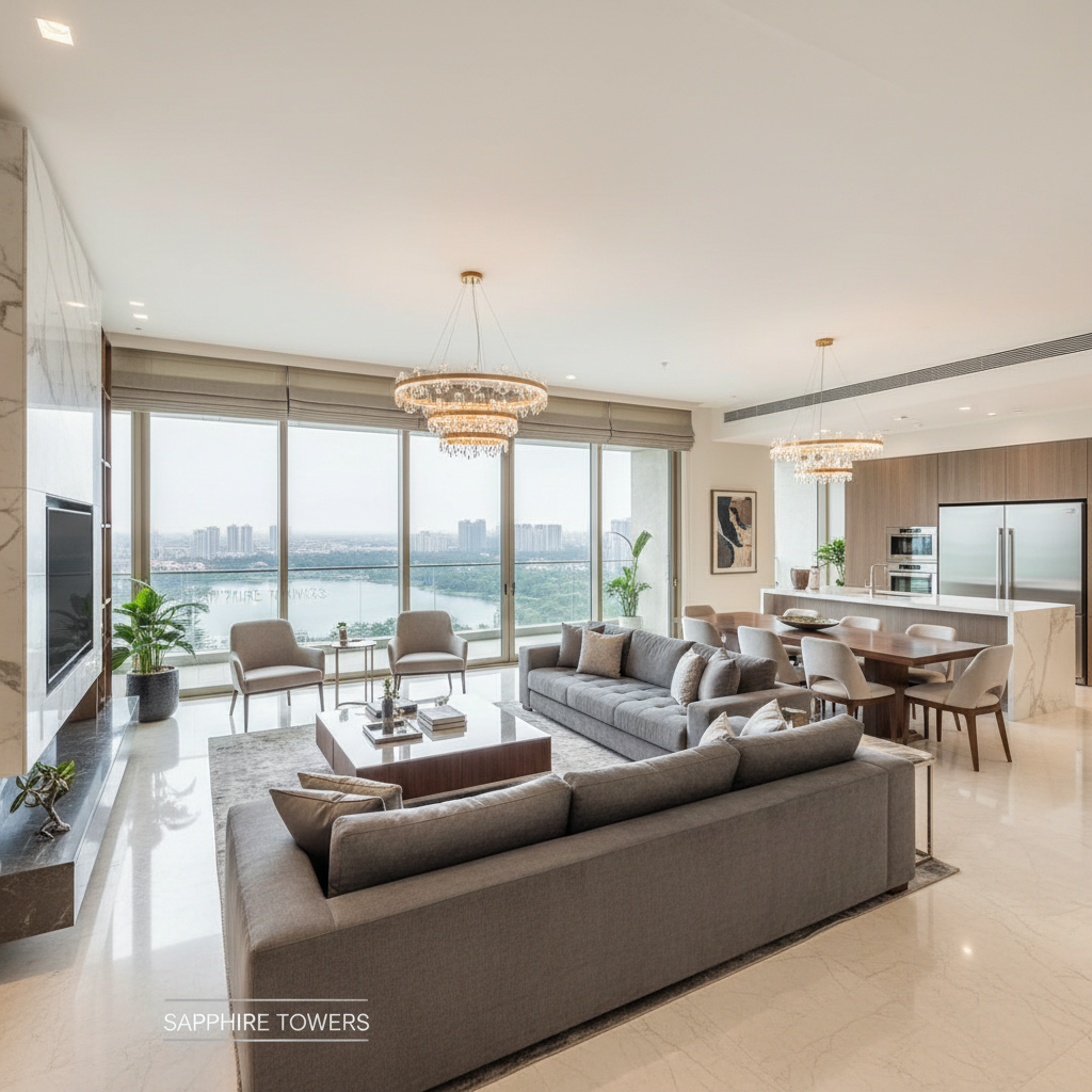 Modern 3 BHK luxury apartment with spacious living room, contemporary interiors, and premium finishes
