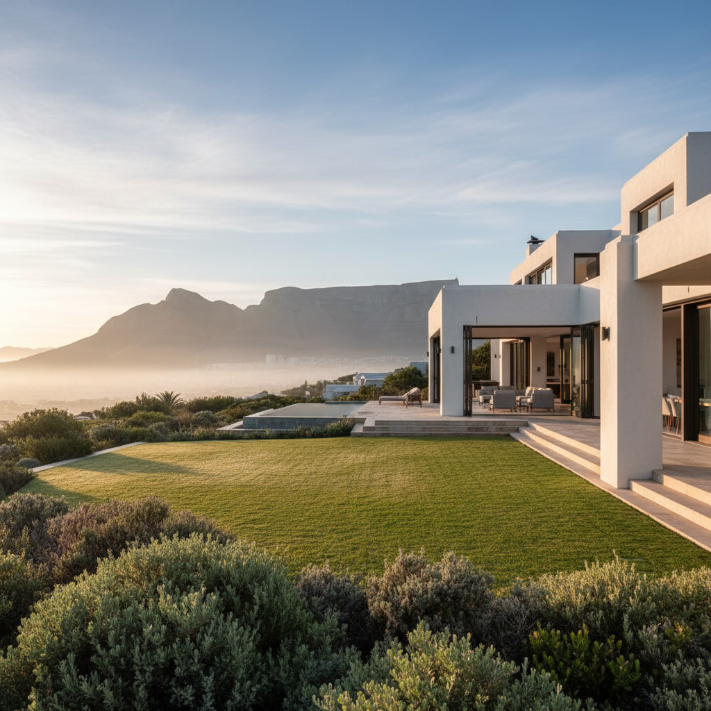 Elegant Cape Town home exterior with white walls and mountain backdrop in morning light