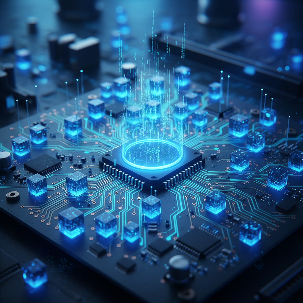Abstract circuit board technology, glowing blue lines, dark background, digital transformation theme