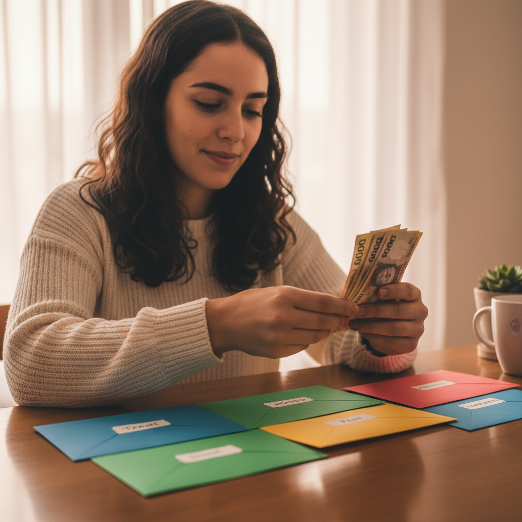 Persona organizando monedas y billetes en una mesa para planificar su ahorro mensual