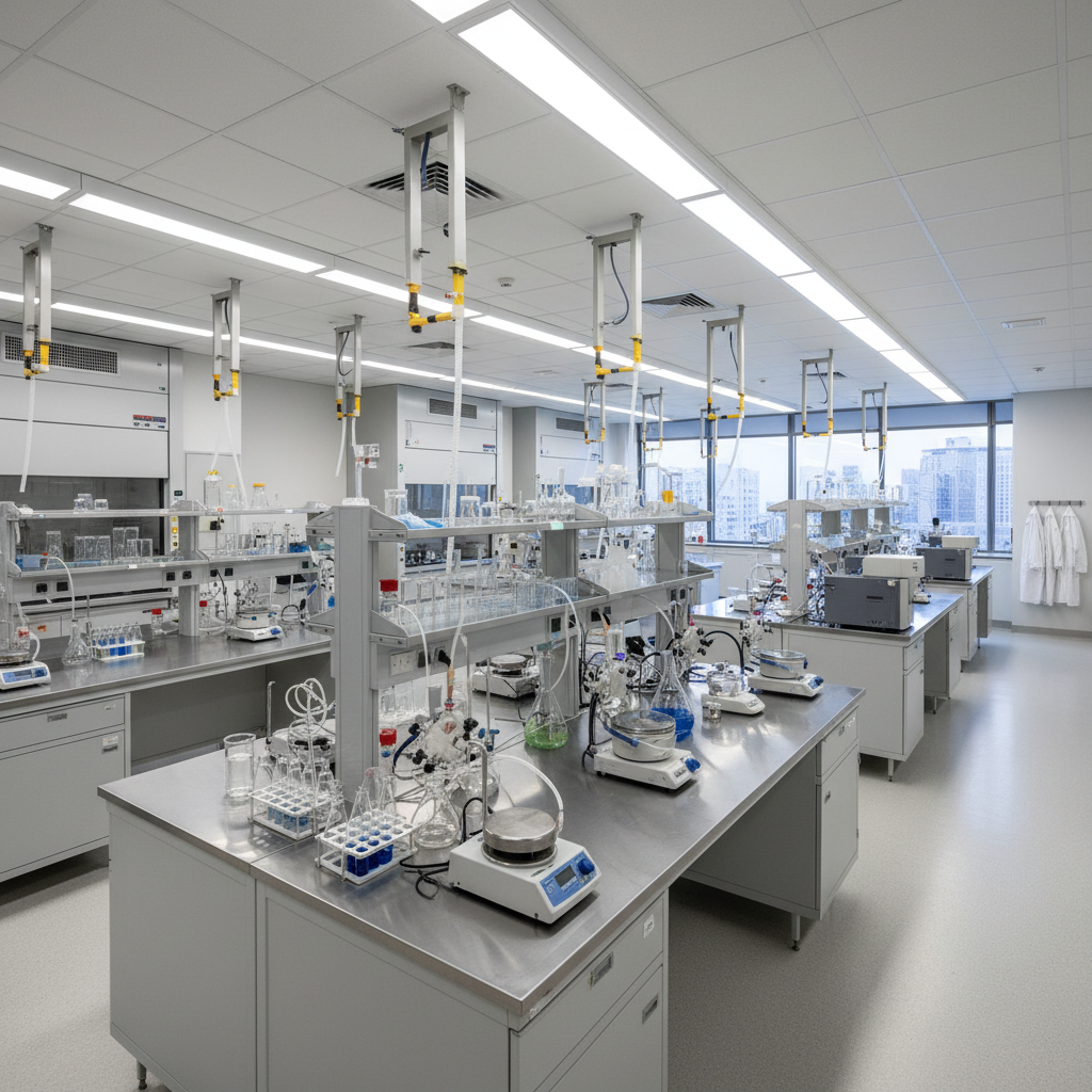 School science laboratory with lab benches, equipment, and safety gear in organized setting