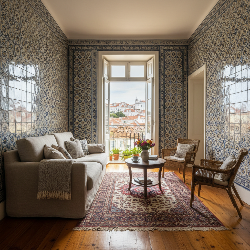 Charming Lisbon apartment living room with azulejo tile walls, vintage Portuguese furniture, panoramic view of Alfama rooftops through tall windows, warm afternoon light