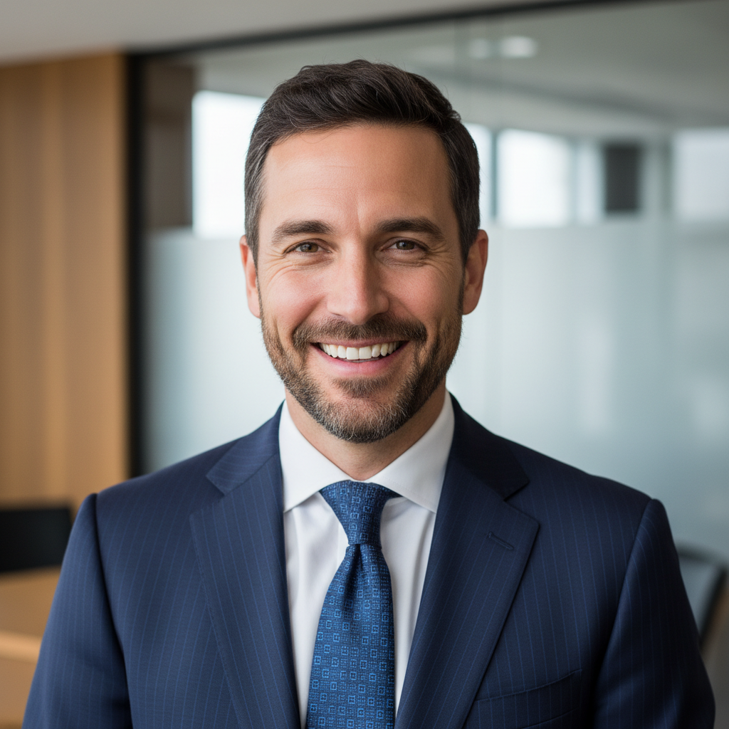 Confident businessman in suit with warm natural smile, professional portrait with soft background