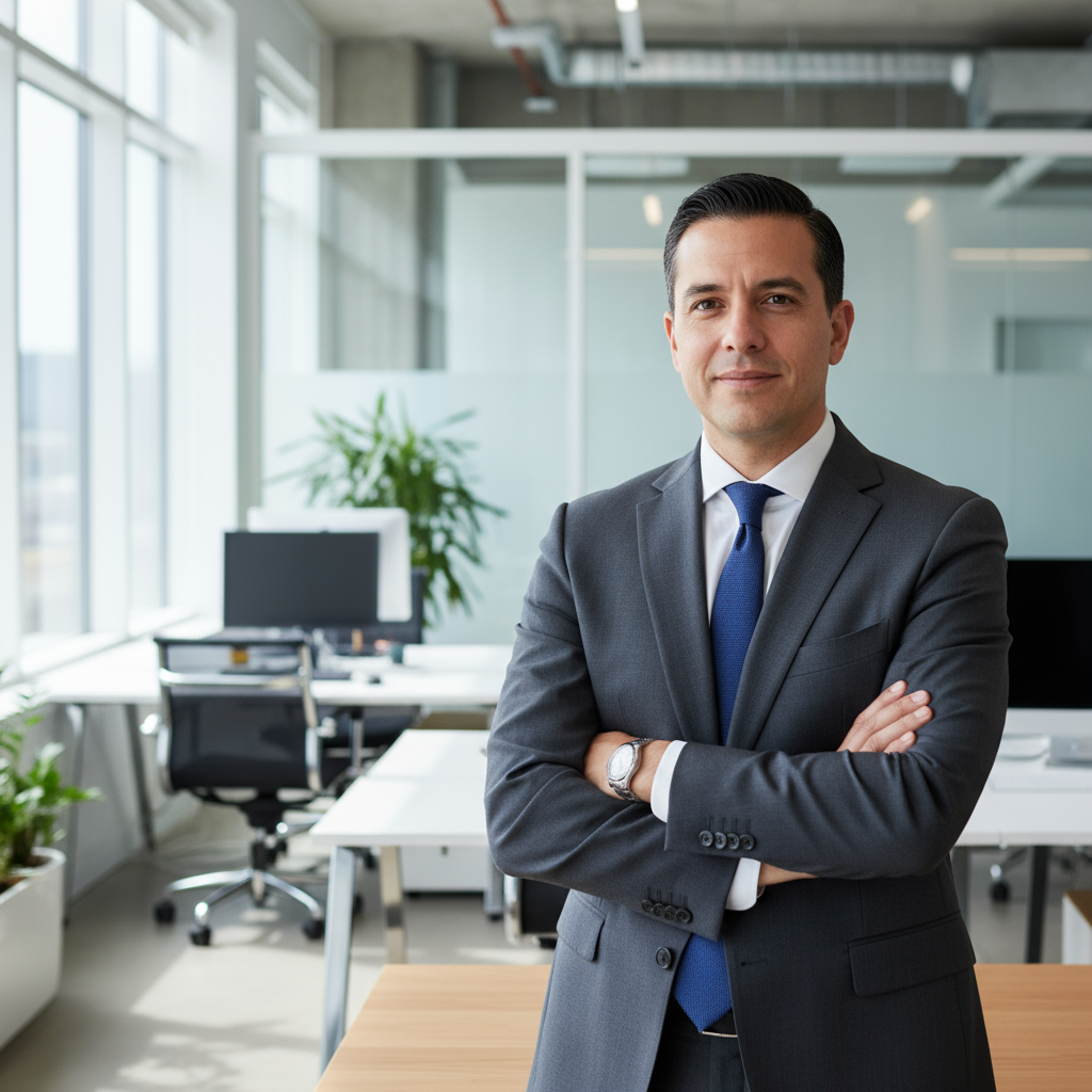 Hispanic man with short dark hair in modern office environment
