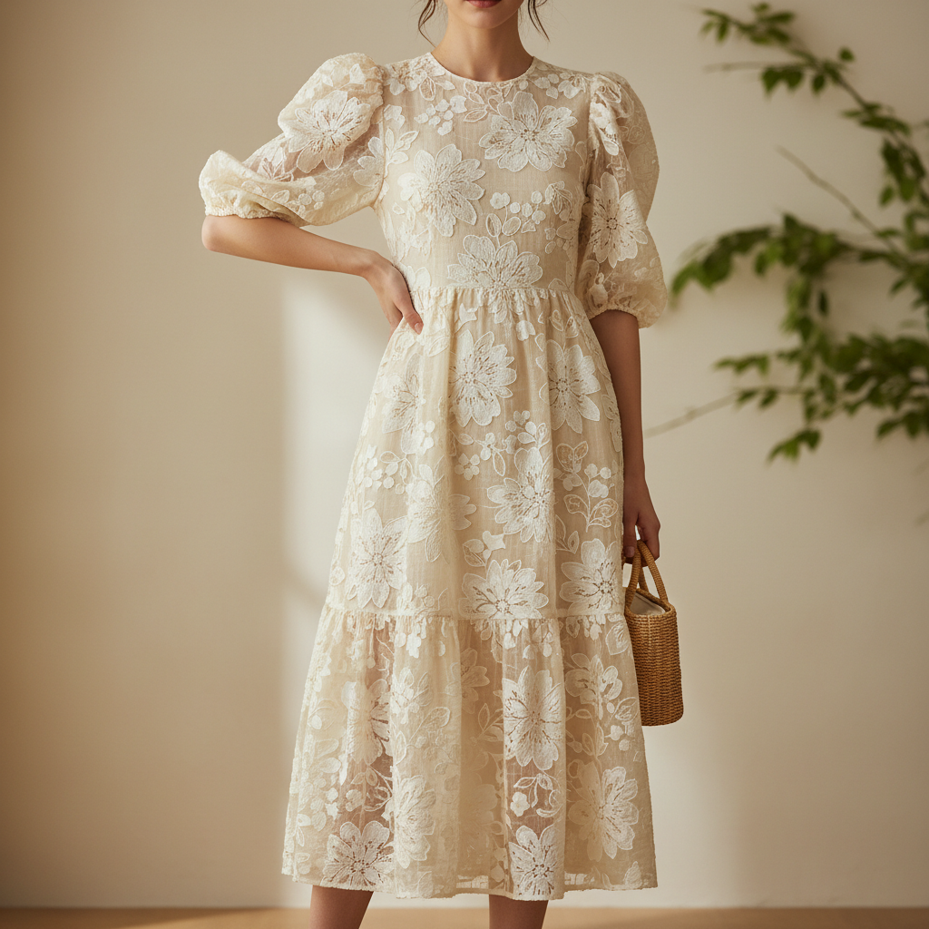 Vestido midi floral de manga bufante em fundo claro, estilo editorial fashion feminino