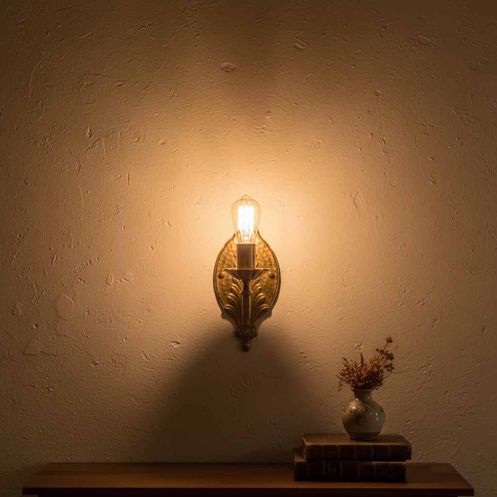 Pair of curved brass wall sconces with frosted glass diffusers casting warm symmetrical pools of light on a textured plaster wall