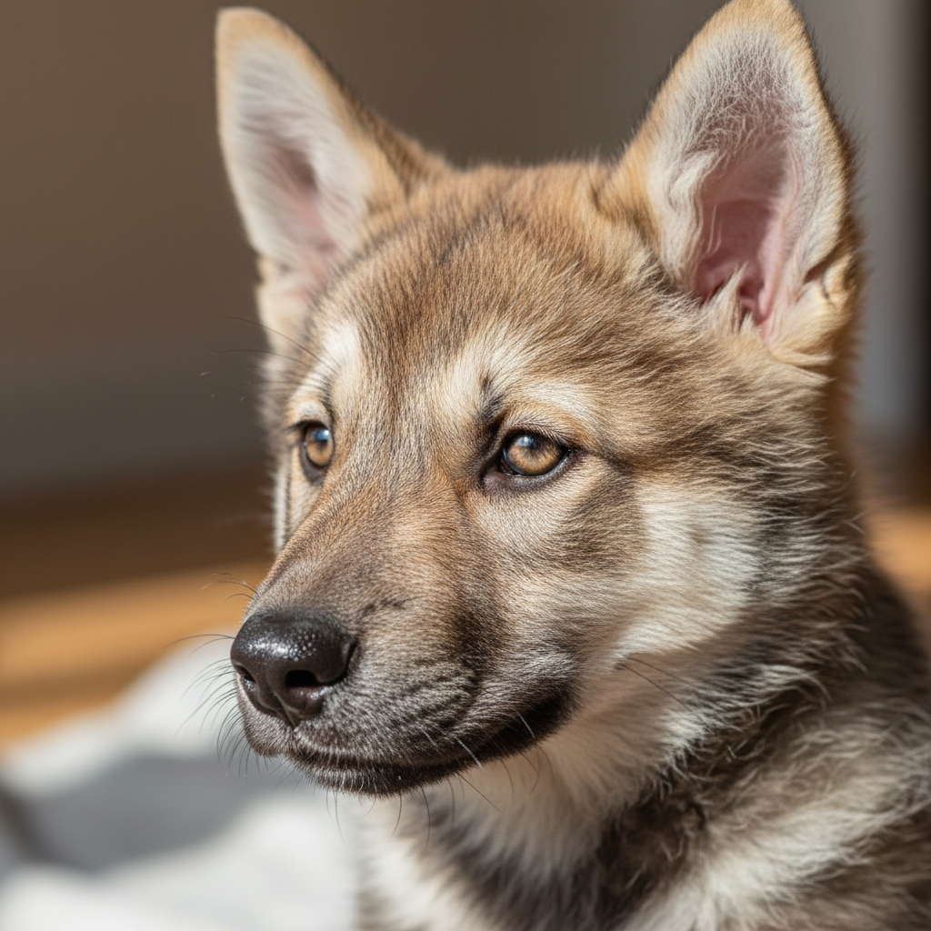 Fig at 8 weeks, full wolf sable, perceptive gaze