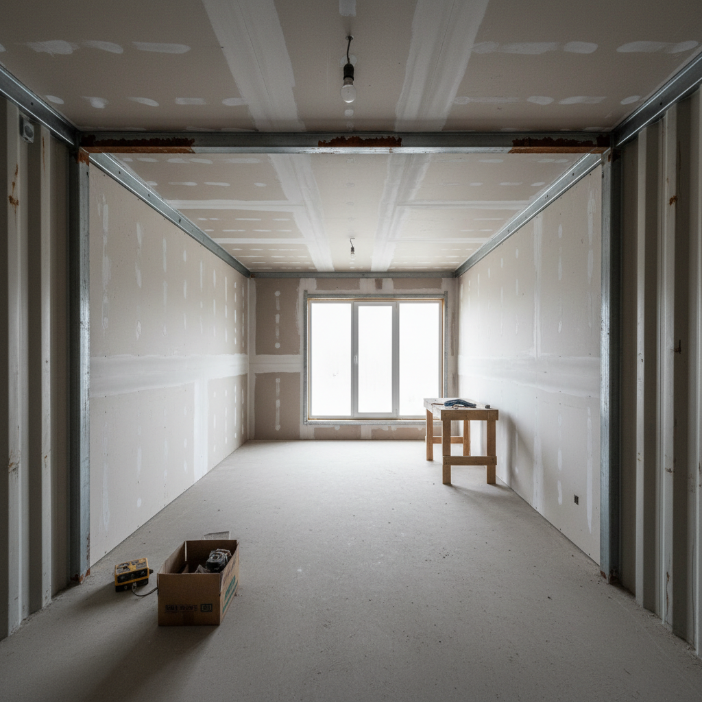 Undecorated container home interior with builder-grade finishes and no staging at Driftwood project