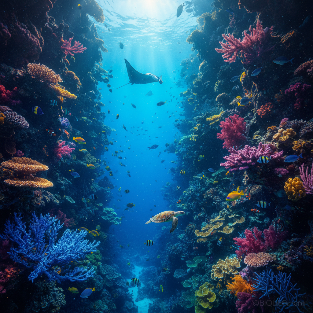 Massive living reef wall installation in a corporate headquarters reception area with dramatic lighting