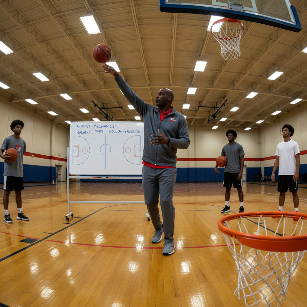 Basketball coach demonstrating shooting form to young player on professional indoor court