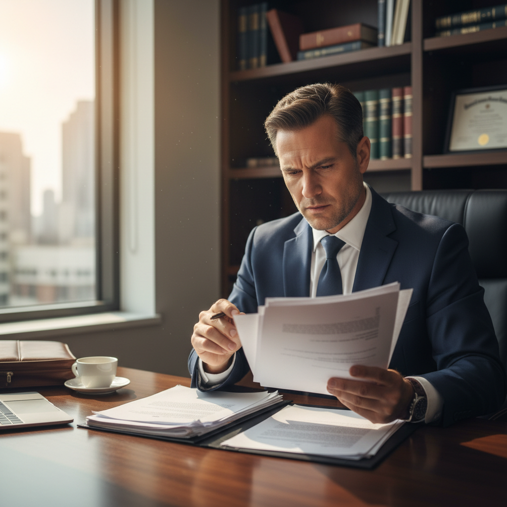 Attorney in office, focused expression reviewing documents