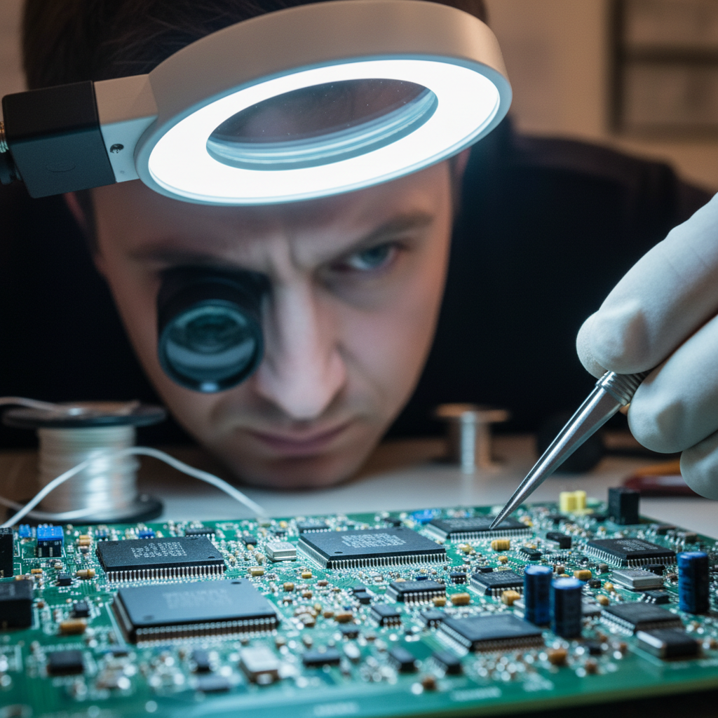 Darnell Okafor, embedded systems engineer, examining circuit board under magnification lamp